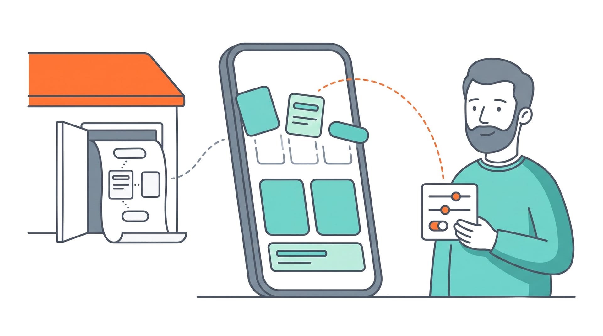 Illustration: Links eine kleine Werkstatt mit orangem Dach. Aus ihrer offenen Tür gleitet eine aufgefaltete Bauanleitung mit Skizzen von Oberflächenbausteinen, ohne fertiges Produkt. In der Mitte steht ein großes Smartphone, auf dessen Bildschirm sich eine App zusammensetzt: Unten sind türkisfarbene Karten und eine Leiste schon eingerastet, oben schweben drei Bausteine in ihre gestrichelten Plätze. Rechts steht ein Mann mit Bart in türkisfarbenem Pullover und hält eine kleine Karte mit drei Schiebereglern und einem Schalter in Orange. Eine graue gestrichelte Linie führt von der Bauanleitung zum Smartphone, eine orange gestrichelte Linie von der Reglerkarte zu den Bausteinen, die gerade platziert werden.